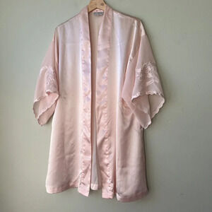 Vintage Val Mode Pink Embroidered Kimono‎ Robe Womens Lingerie